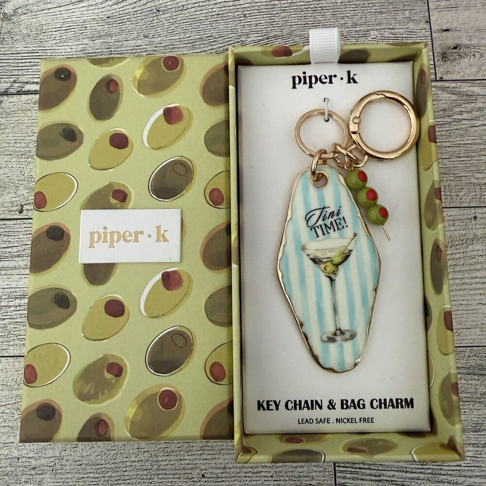 Piper K Tini Time Key Chain Bag Charm Martini Glass & Olive Design Gift Box NEW